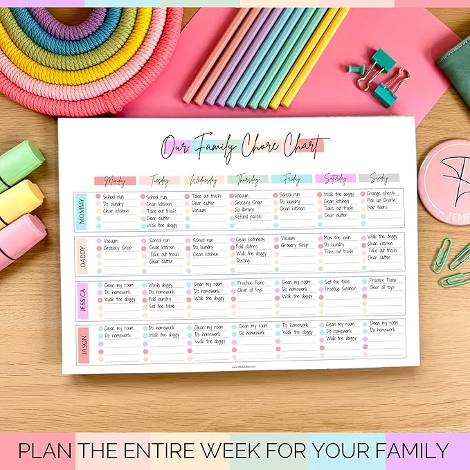 Family Chore Chart Notepad - Family planner, Calendar, Household Command Center | 50 Undated Tear Away Sheets | A4 Rainbow