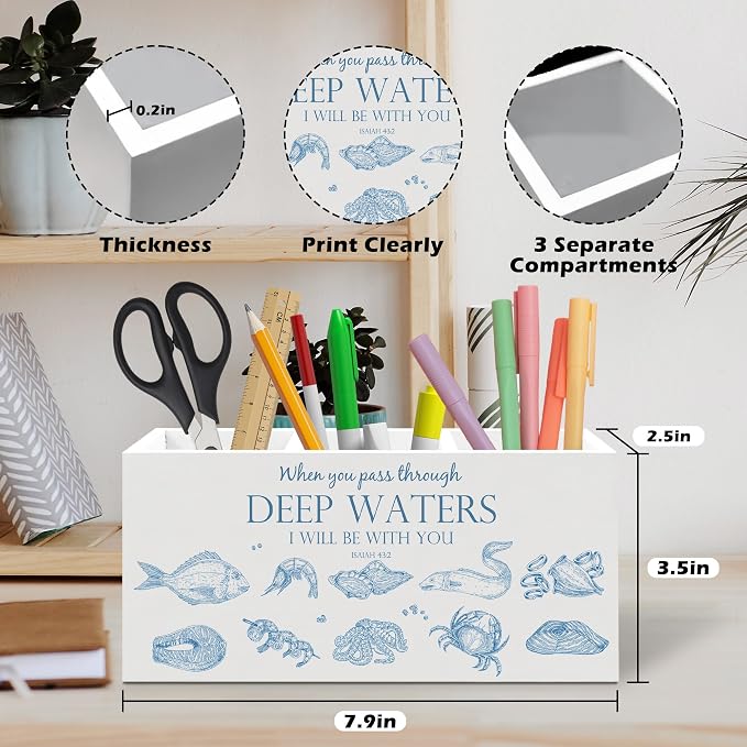 Coastal Beach Christian Bible Verse Pen Holder, Christian Gifts Office Pen Pencil Holder Organizer for Desk Accessories, Ocean Religious Wooden Box Desk Decor for Home Office Desk Decorations