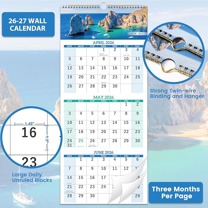 2026-2027 Calendar - May. 2026 - Jun. 2027, 3 Month Calendar Vertical Display, Wall Calendar 2026-2027, 11" x 26"(when opened)