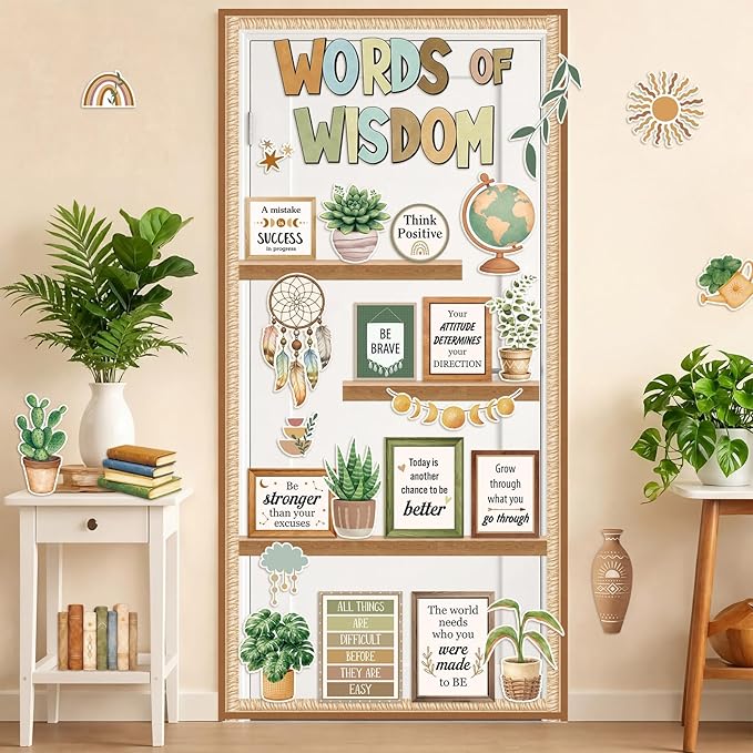 Mooliwe 57 Pcs Boho Bulletin Board Set Inspirational Greenery Classroom Decoration Potted Plant Rainbow Cutout for School Office Chalkboard Door Wall Decor