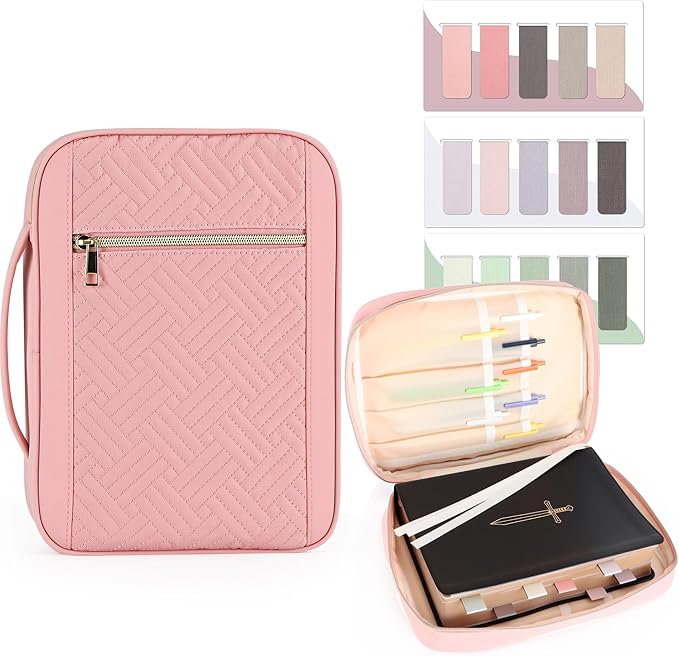 Durable and Protective Bible Cover Case for Women,Portable Bible Carrier Organizer Bag with Zipper,Christian Gift for Women,Includes 15 Magnetic Bookmarks,Great for Church,Travel or Daily Use, Pink