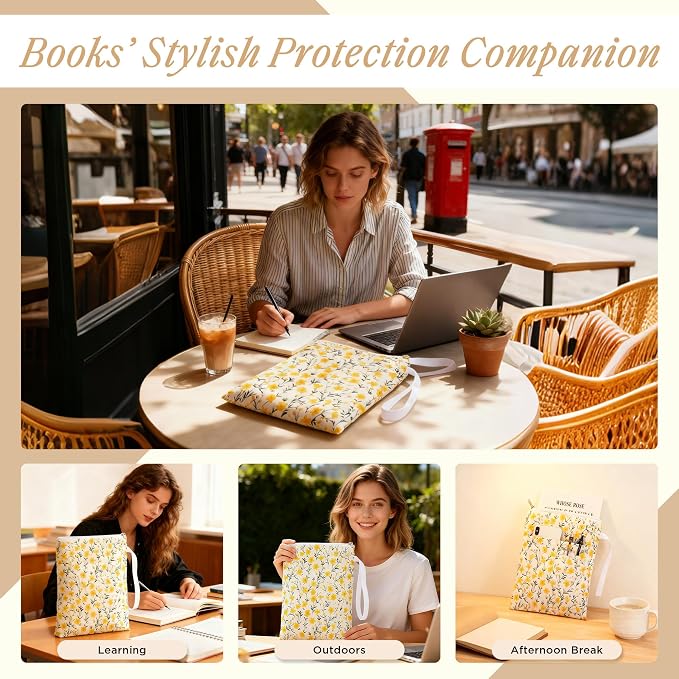 Book Sleeve with Zipper, 11''x 9'' Waterproof Paperback Sleeve for Book Lovers Books Pouch Cover with Handle for Hardcovers Kindle Sleeve for Reader Teacher Women (Yellow flower, 11x 9 inch)