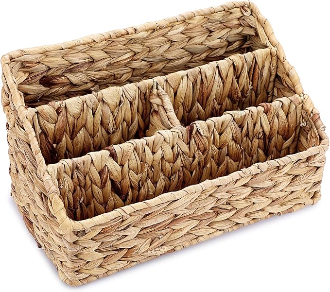 BTSKY Woven Divided Storage Basket Natural Hyacinth Vertical Wicker Storage Baskets 4 Compartments Desktop Home Office Supplies Sorter Rack