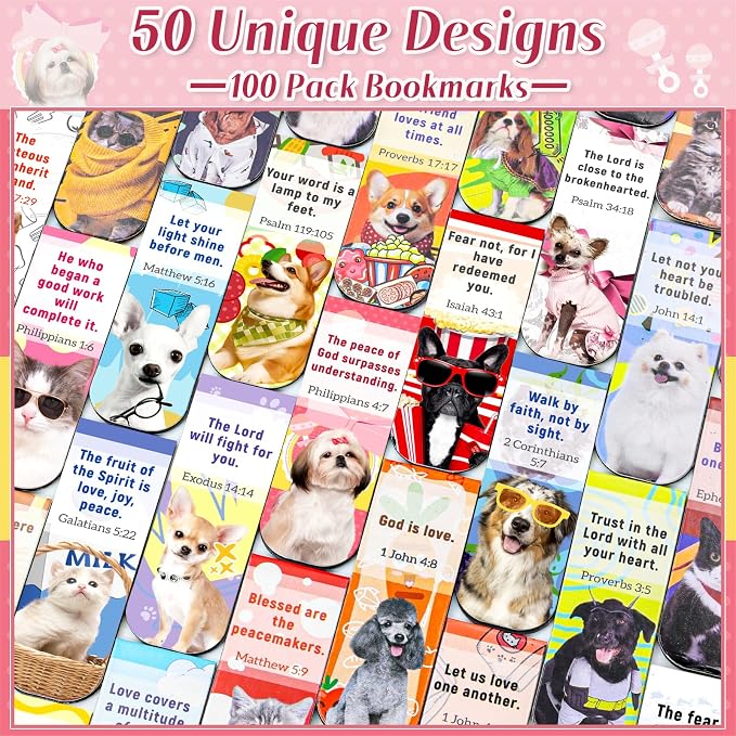 100 Pack Bible Magnetic Bookmarks Christian Magnet Bookmark Clips for Women Men Book Lovers Bible Lovely Puppy Page Markers for School Office Home Reading Supplies,Printing on 2 Side（50 Cat & 50 Dog）
