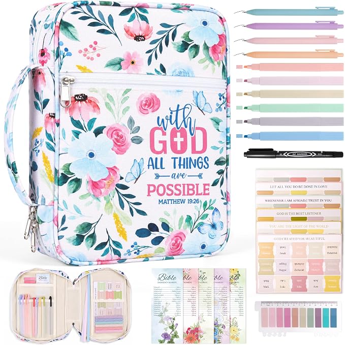 XKDOUS Bible Cover Case Canvas Bible Bag Book Carrying Case with Handle, Study Supplies Organizer Church Book Carrier Christian Gifts for Women, Mom, Lady