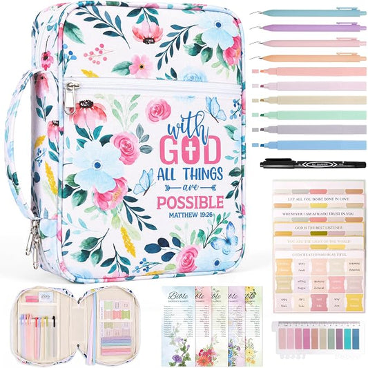 XKDOUS Bible Cover Case Canvas Bible Bag Book Carrying Case with Handle, Study Supplies Organizer Church Book Carrier Christian Gifts for Women, Mom, Lady