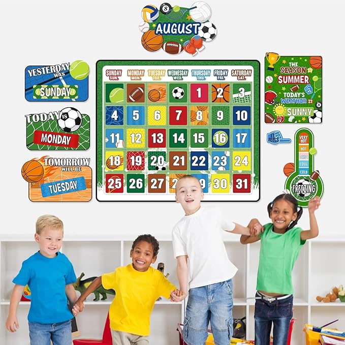 Cholemy 85 Pcs Calendar Bulletin Board Set Classroom Calendar Bulletin Board with Numbers Month Weather Classroom Decoration Wall Decor for Chalkboard Back to School Supplies(Sports)
