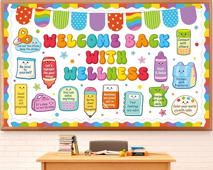 Welcome Back with Wellness Bulletin Board Set Inspirational Affirmations Classroom Decoration Mental Health Bulletin Board Motivational Paper Cutout for Back to School Poster Office Home Wall Decor