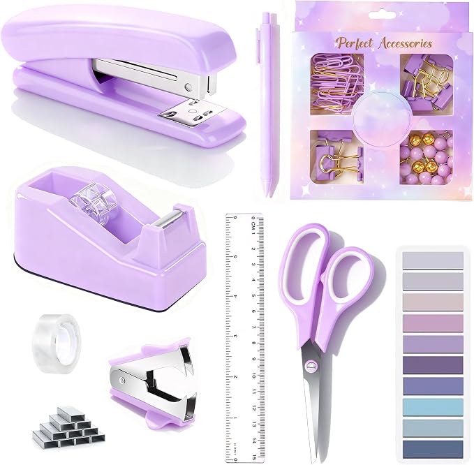 Dimonluce Purple Desk Accessories, Purple Office Supplies Accessories with Tape Dispenser, Stapler, Staple Remover, 1000 Staples, Tape, Clips Set, Ruler, Scissor, Pen