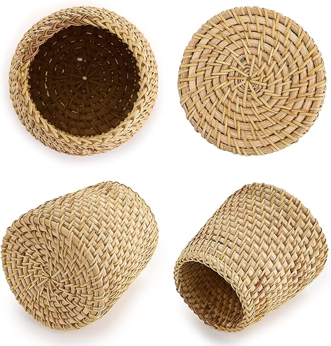 BTSKY Rattan Pen Cup, Handmade Desk Pencil Holders Makeup Brush Holder Multi-Functional Woven Basket Office&Home Desktop Organizer(Cone)