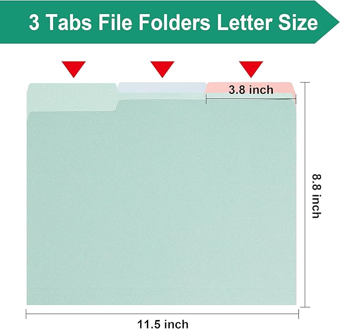 pmybupo18 Pack Green File Folders,1/3 Cut,Letter Size Colored File Folders,Decorative Multicolor Durable 11pt Paper,Two-Tone Design