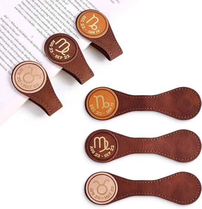 3 PCS Leather Magnetic Bookmark Clips, Zodiac PU Leather Bookmarks for Book Lovers, Full Set of Book Clip Accessories, Earth Sign