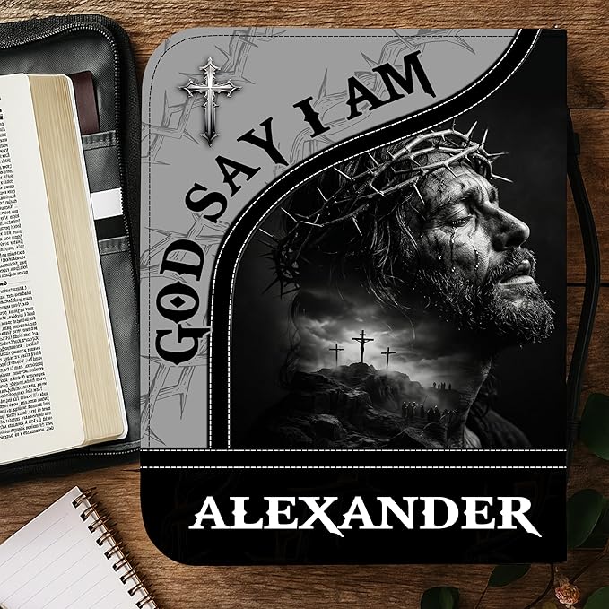Custom Leather Bible Cover with Name – Personalized Bible Case for Women Zippered with Handle, Bookmark & Storage Pockets, Christian Gift for Mom, Daughter, Grandma (Man - God Says I Am, M-2XL)