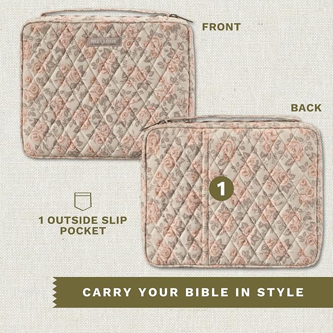 Bella Taylor Quilted Bible Cover for Women - Large Study Bible Case - Cameo Rose