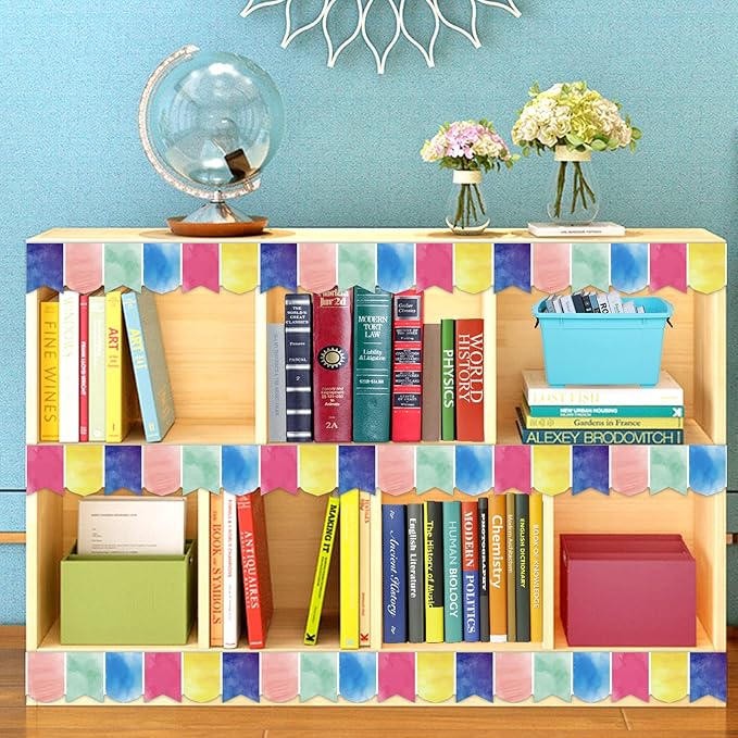 Fancy Land Watercolor Bulletin Board Border Pennants Die-Cut Scalloped Trim Border for Back to School Classroom Decorations 52ft