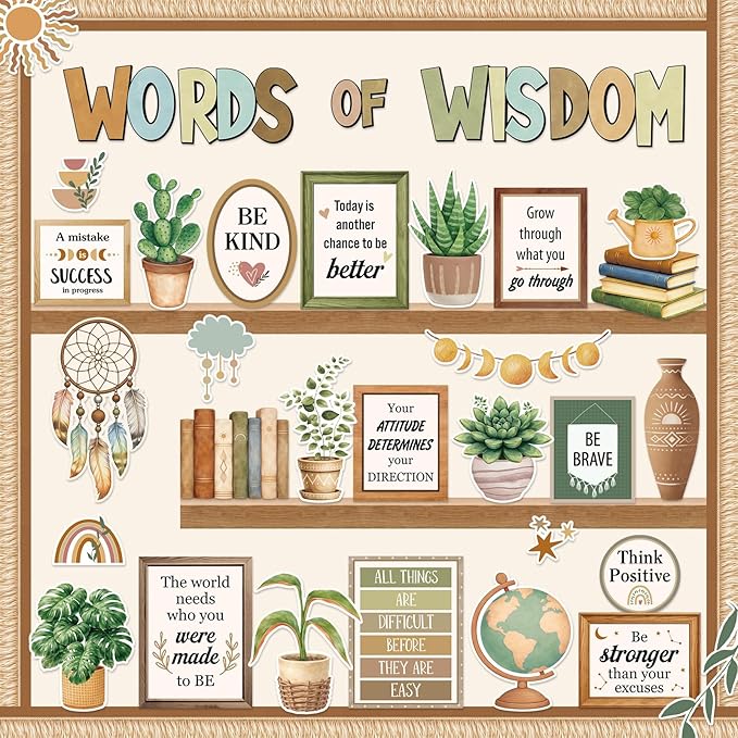 Mooliwe 57 Pcs Boho Bulletin Board Set Inspirational Greenery Classroom Decoration Potted Plant Rainbow Cutout for School Office Chalkboard Door Wall Decor
