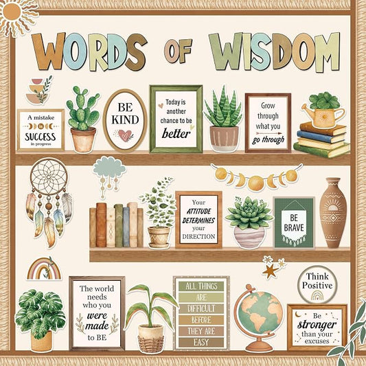 Mooliwe 57 Pcs Boho Bulletin Board Set Inspirational Greenery Classroom Decoration Potted Plant Rainbow Cutout for School Office Chalkboard Door Wall Decor