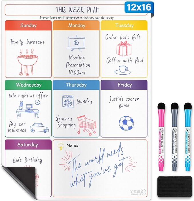 Magnetic Calendar - 16x12 Whiteboard - Dry Erase Calendar for Fridge - Monthly Refrigerator White Board Sheet with 3 Colorful Markers & Eraser, Meal Planner & Family Organizer - by Yes4Quality