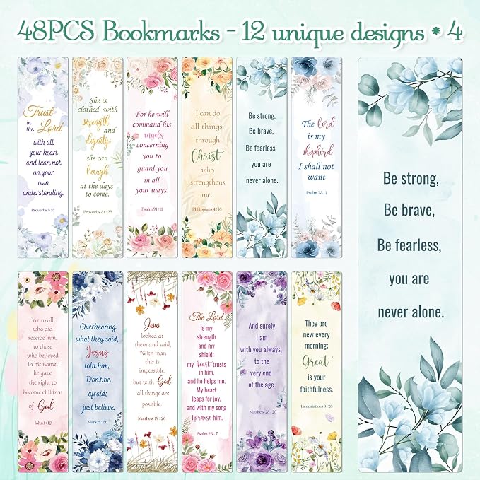 Wxiben Christian Prayer Bookmarks Gifts - 48Pcs Bible Verse Book Markers Scriptures Inspirational Bookmark Religious Flower Book Marks for Women Book Lovers Students Teacher Sunday School Church Gift
