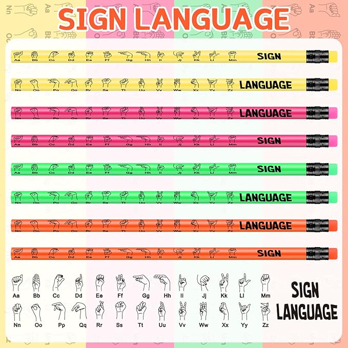 Affrolling 144 Pcs Sign Language Pencils Sign Language Gifts Colorful Wooden Pencil with Eraser Incentive Pencil for Learning Sign Language, 4 Colors