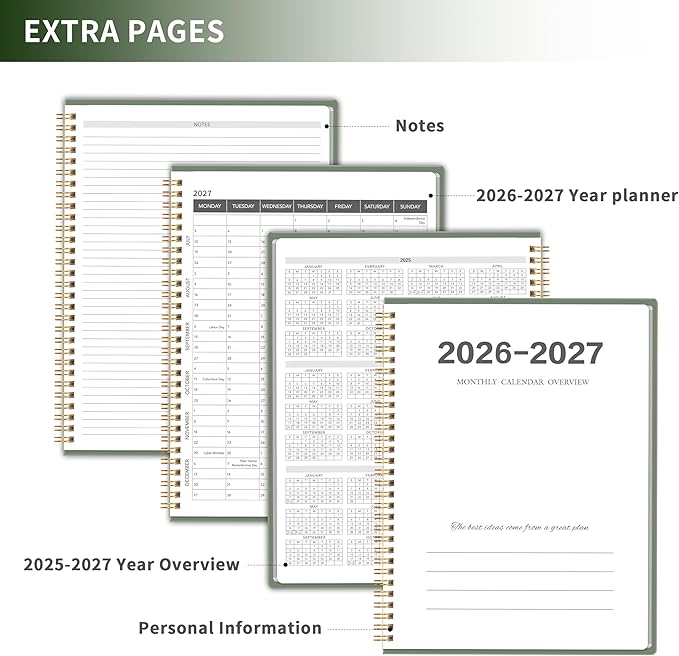 Monthly Planner 2026-2027, 2 year calendar 2026-2027 Calendar Book from Jan 2026 - Dec 2027 with Waterproof PVC Cover, 9'' x 11'', Organize Schedule for School, Office, Family,Army Green