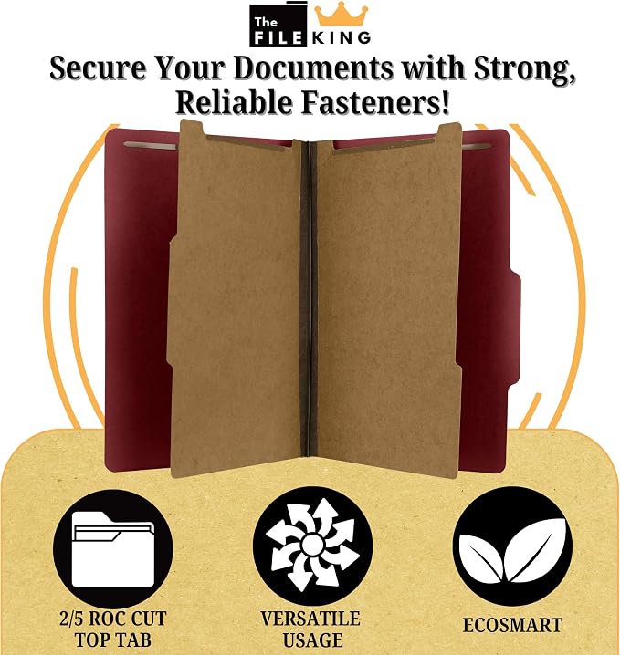 The File King Pressboard Classification Ruby Red Partition File Folder | Legal Size - Box of 10 | Two Dividers | Six 2” Durable Fastener Prongs | 2/5 Cut Top Tab | 2” Expansion