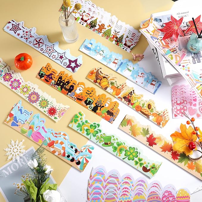 240 Pcs 236ft Holiday Bulletin Board Borders Colorful Rainbow Scalloped Border Trim Bulk Bulletin Decor for Classroom Back to School Decor(Cute)