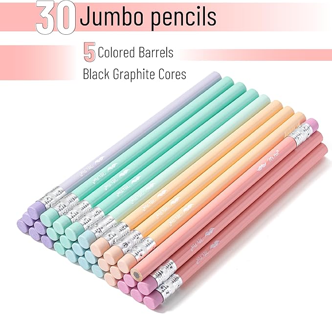 Mr. Pen- Jumbo Pencils, 30 Pack, Colorful Barrels, Smooth Black 2 HB Graphite Cores, Large Preschool Pencils, Smooth Writing Lead for Kindergarten, Kids and School Supplies