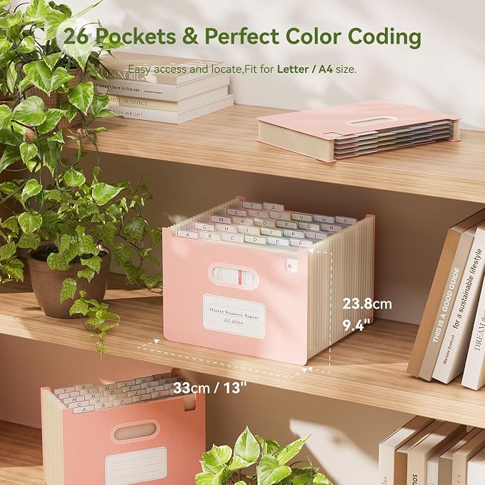EcoStash 26 Pockets Accordion File Organizer, Wheat Straw File Folders, Upright&Open Top, A-Z Bill Receipt Organizer, 100% BPA Free, Return to Nature, Letter/A4 Size - Strawberry Pink