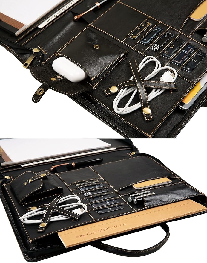 Oil Wax Leather Portfolio, Padfolio Organizer with Handle, Personalized Padfolio，Padfolio with Zipper for Men Women，Suitable for 15-inch Laptop Legal Pad Padfolio, Black