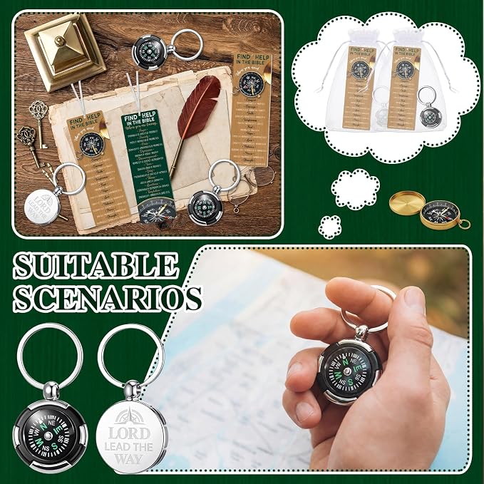 Kenning 12 Set Father's Day Christian Gift Bulk, Include 12 Religious Compass Key Tag 12 Bible Bookmark with Organza Bags Christian Gift for Men Bible Study Group Favors