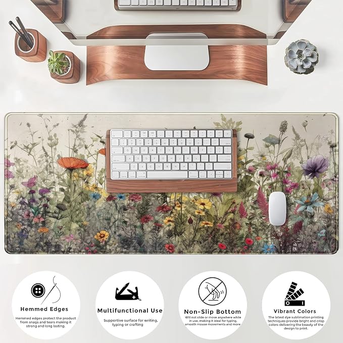 Watercolor Flowers Desk Mat Floral Boho XL Mouse Pad Large Mousepad Extended Vintage Aesthetic Laptop Keyboard Mat Cute Gaming Desk Pad 31.5"x11.8" Office Decor for Women