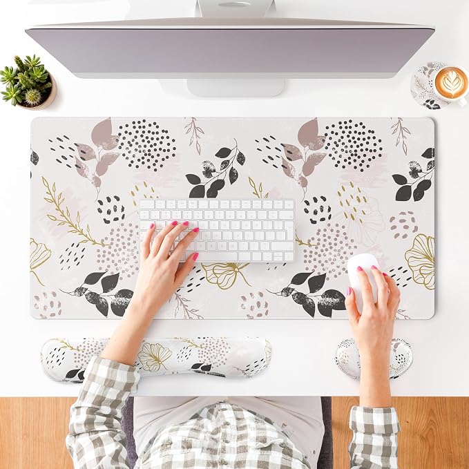 QIYI Leather Desk Mat Set, 4-in-1 Large Mouse Pad with Wrist Rest, Non-Slip Desk Pad + Keyboard Wrist Rest + Mouse Wrist Support + Coaster, Office Desk Accessories Home Decor Supplies, Botanical Leaf