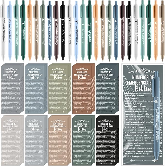 Feifeiya 50 Sets Christian Fathers Day Gifts Bulk Religious Pens Bible Verse Emergency Numbers Bookmark Scripture Catholic Gift for Women Men Church Welcome Sunday School(Boho Color,Spanish)