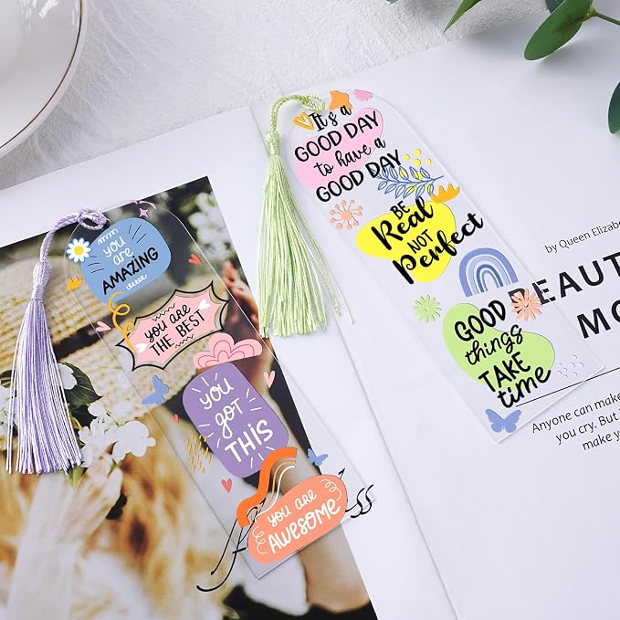 Dazoratix Inspirational Bookmark Making Kit - 60 PCs Boho Motivational Clear Acrylic Bookmarks Blanks Colorful UV DTF Stickers DIY Craft Transparent Book Marks with Tassels for Reading Lover Kids Gift