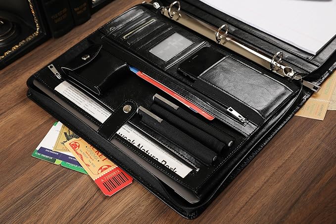 Black Leather Padfolio for Women/Men, Business Leather Binder 3 Ring Portfolio, Personalized Leather Portfolio Binder, Zippered Portfolio Organizer for A4 Notepad & 13-inch Laptop/Tablet
