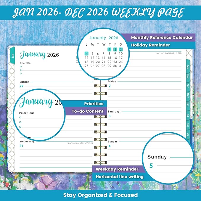 2026 Planner - Planner Weekly and Monthly 2026, JAN. 2026 - DEC. 2026, 6.4" x 8.5", 2026 Calendar Planner with Monthly Tabs, Sturdy Cover, Premium Paper, Back Pocket, Strong Twin-wire Binding