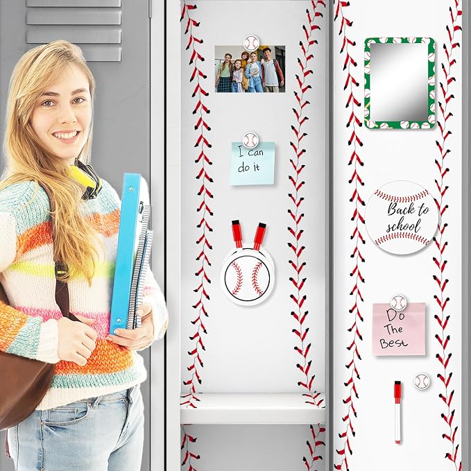 Demonwer 12 Pcs Locker Accessories Kit Baseball Themed Magnetic Whiteboard Mirror Pen Holder Baseball Stickers for Back to School Essentials Locker Decorations
