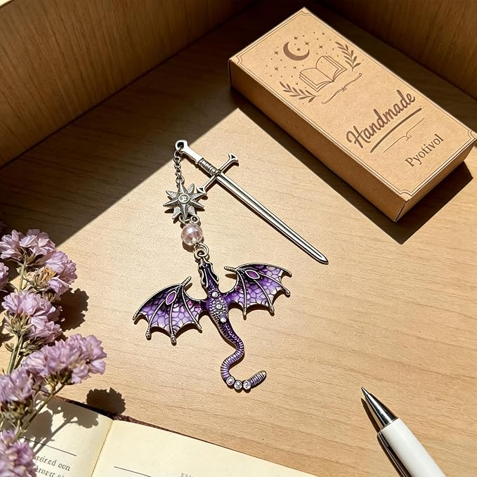 Vintage Fourth Wing Bookmark with Purple Dragon-Fantasy, Aesthetic and Unique Sword Bookmarks Accessories, Gifts for Reading Women, Men, Book Lovers, Girls, Teens, Teachers and Students