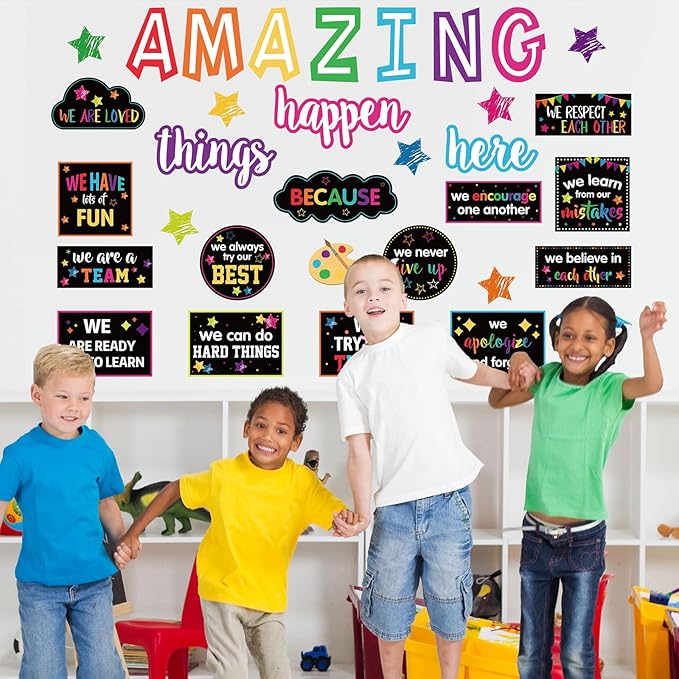 JarThenaAMCS Motivational Bulletin Board Decoration Amazing Things Happen Here Paper Cutouts with 100Pcs Glue Points Bulletin Border Stickers for Classroom Office School Home Decor, 41Pcs