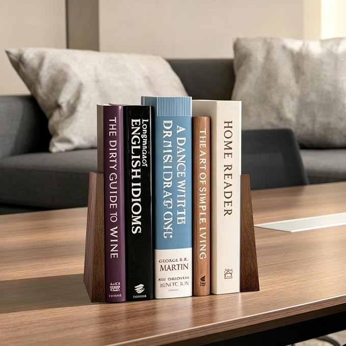 Luxdecor Walnut Book Ends Hold Heavy Books-7x6x5in Wood Bookends for Office Desk Non Skid, Decorative Walnut Bookend 2pack, Triangle Style