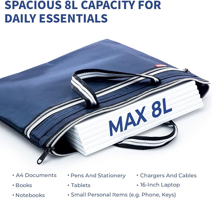 M&G Zipper Pouch with Handle 12x15 in Large Pocket File Bag, Double-Layer Large Capacity Waterproof, A4 Foldable Document Storage Bag, Suitable for Office Carrying Paper Documents Books 1 Pack (Blue)
