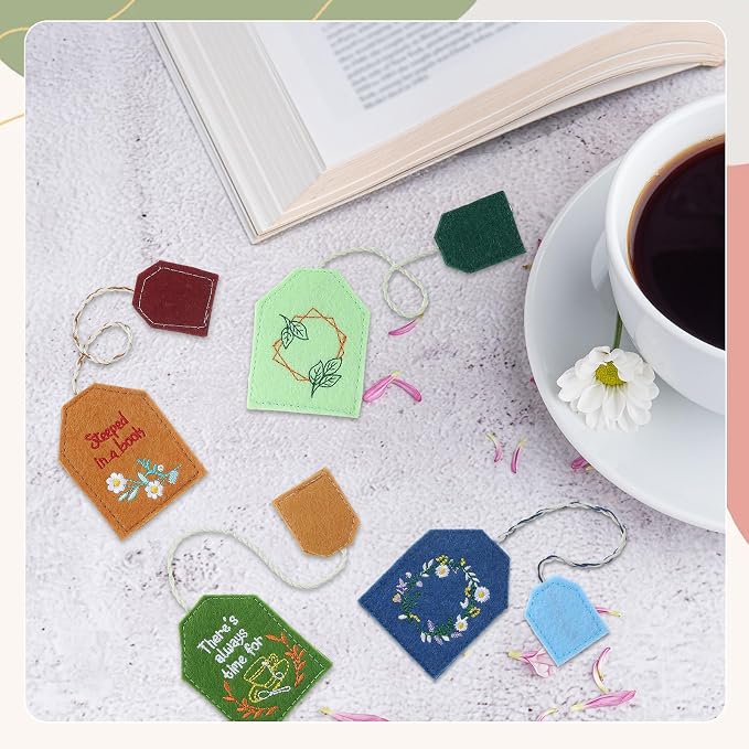 Honoson 6 Pcs Simple Tea Bag Bookmarks Tea Party Favors Garden Design Christmas Gift Bookmarks Cute Hand Embroidered for Women Mom Mother's Day Book Reading Lovers Gift