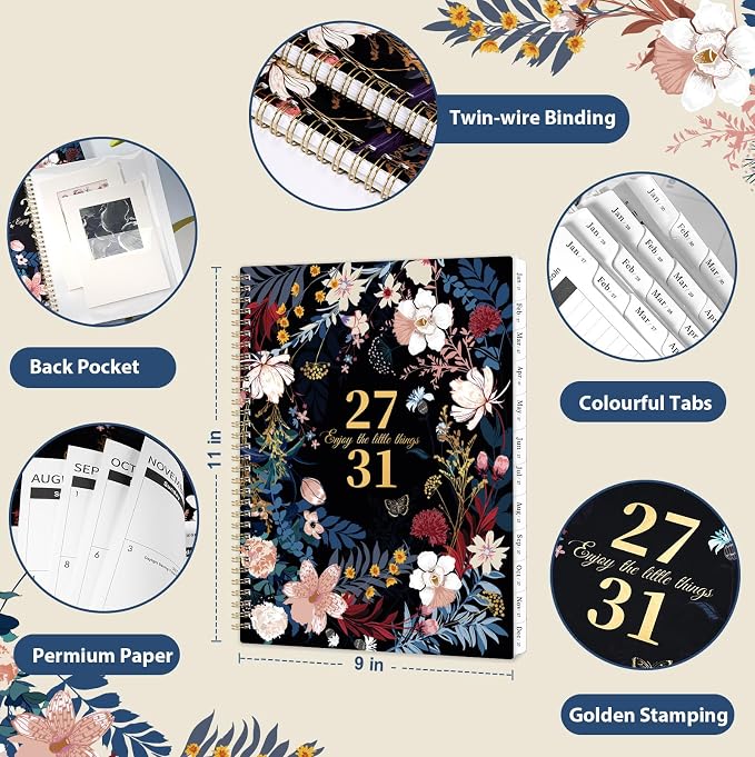 2027-2031 Monthly Planner - 5 year planner, Jan 2027 - Dec 2031, 5 year calendar 2027-2031, 9" x 11", Planner for Long-Term Planning, Twin-Wire Binding, Double-Side Pocket