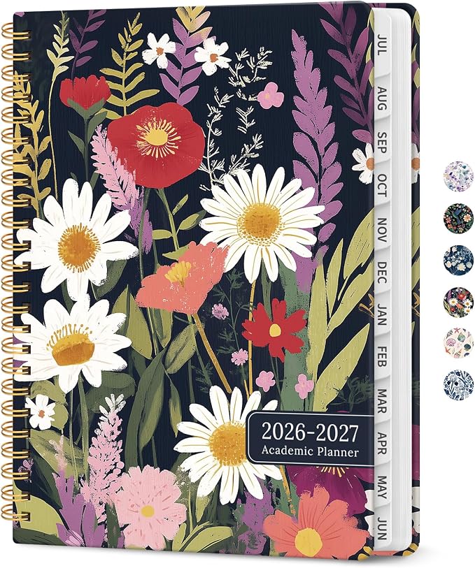 Planner 2026–2027, Academic Year Monthly & Weekly Calendar Book, Jul 2026–Jun 2027, Hardcover Organizer with Tabs, Student & Teacher Planner, 8.5" x 11", Wild Bloom
