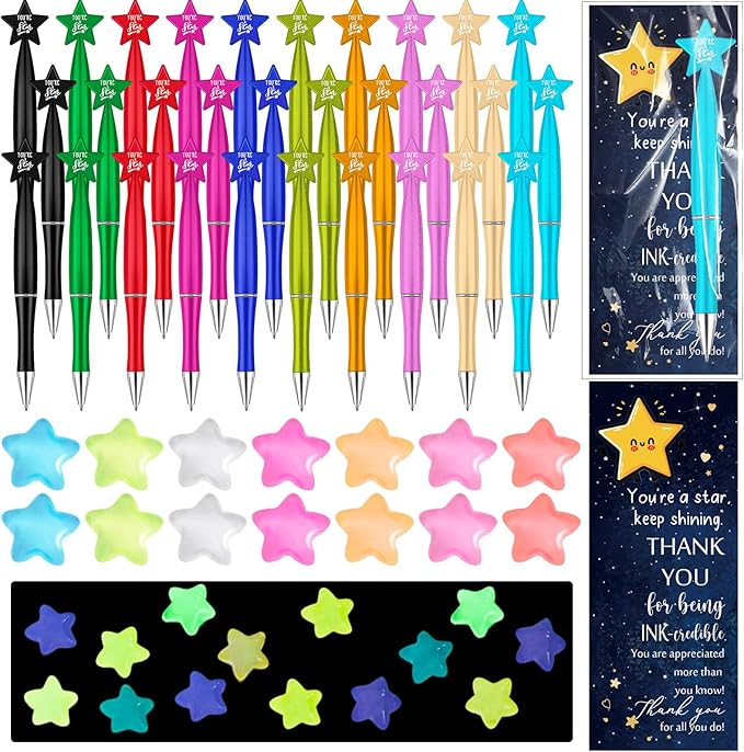 Sayglossy 30 Set Star Pens Bulk Employee Appreciation Week Gifts Thank You Inspirational You're a Star Bookmark Luminous Resin for Nurses Volunteers Staff Coworker Administrative Professionals Day