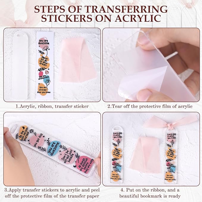 Dazoratix Book Lovers Acrylic Bookmarks - 45 Pcs Cute Acrylic Bookmark Blanks Clear Aesthetic Double-Sided Pastel Bookmark Making Kit UV DTF Transfer Stickers Yellow Pink Ribbon Women DIY Crafts Gifts