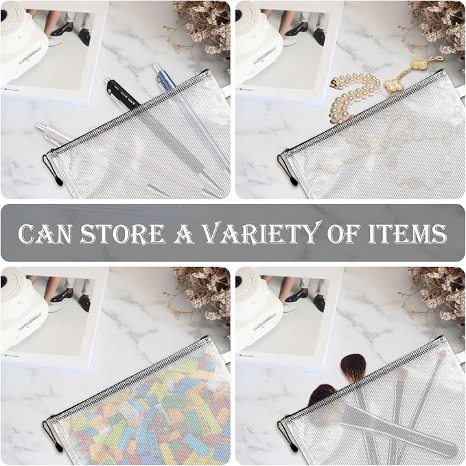 100 Pcs Black Mesh Zipper Pouch Bulk Multipurpose Waterproof Zipper Pouches, 9.5x4.5 Inches Small Plastic Zipper Mesh Bags Clear Mesh Pouches with Zipper for Office Travel Supplies Storage