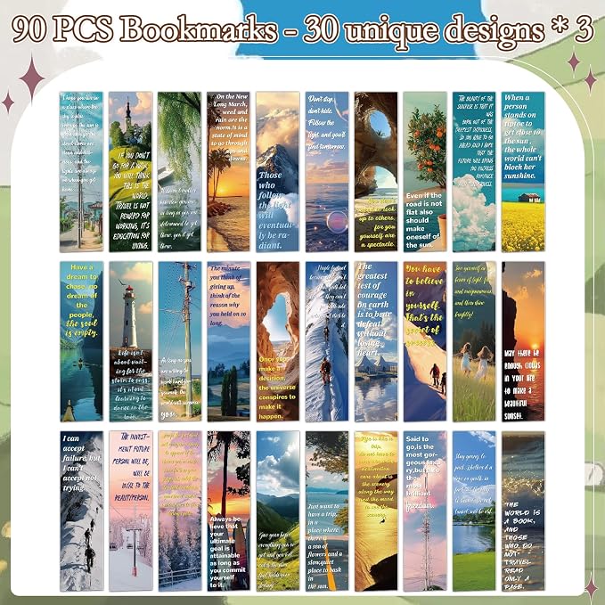 Wxiben Scenery Inspirational Bookmarks Gifts - 90 Pcs Natural Paper Bookmarks Motivational Quotes Book Marks Page Marker Clip for Women Men Book Lovers Office Bookish Reading Accessories