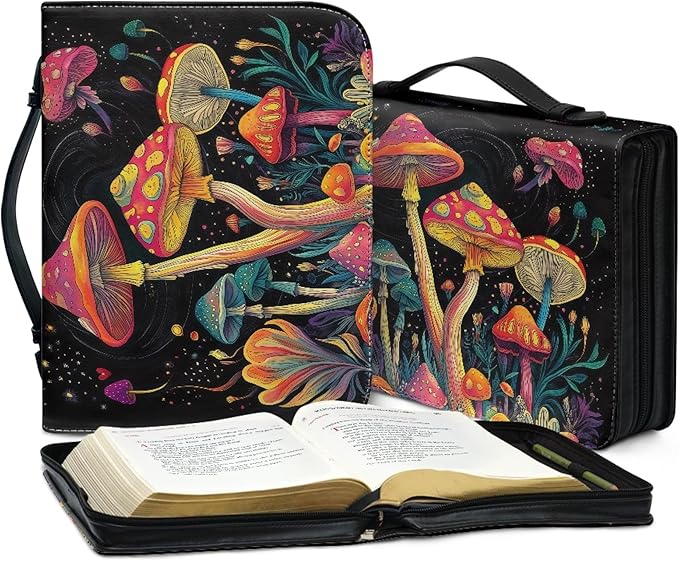 Colorful Mushrooms Bible Cover with Durable Handle，Bible Case for Women Girls，Bibl e Carrying Case Bible Journaling Supplies for Bible Cover-Size XL